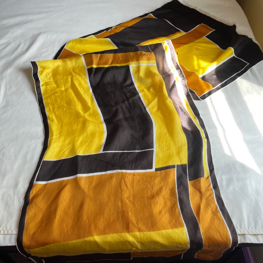 Vintage French Silk Geometric Scarf Yellow Brown Mod Rectangle Wrap